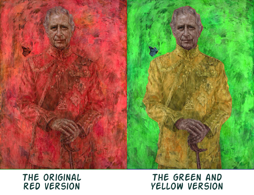 Jonathan Yeo's Portrait of King Charles III. The original colors are on the left, and a new color scheme is on the right.
